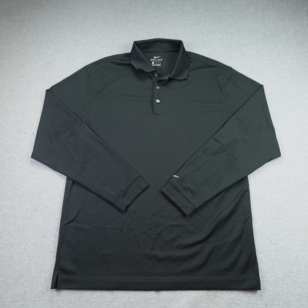 Nike Polo Shirt Mens Medium Black Dri-FIT Athletic Long Sleeve Golf